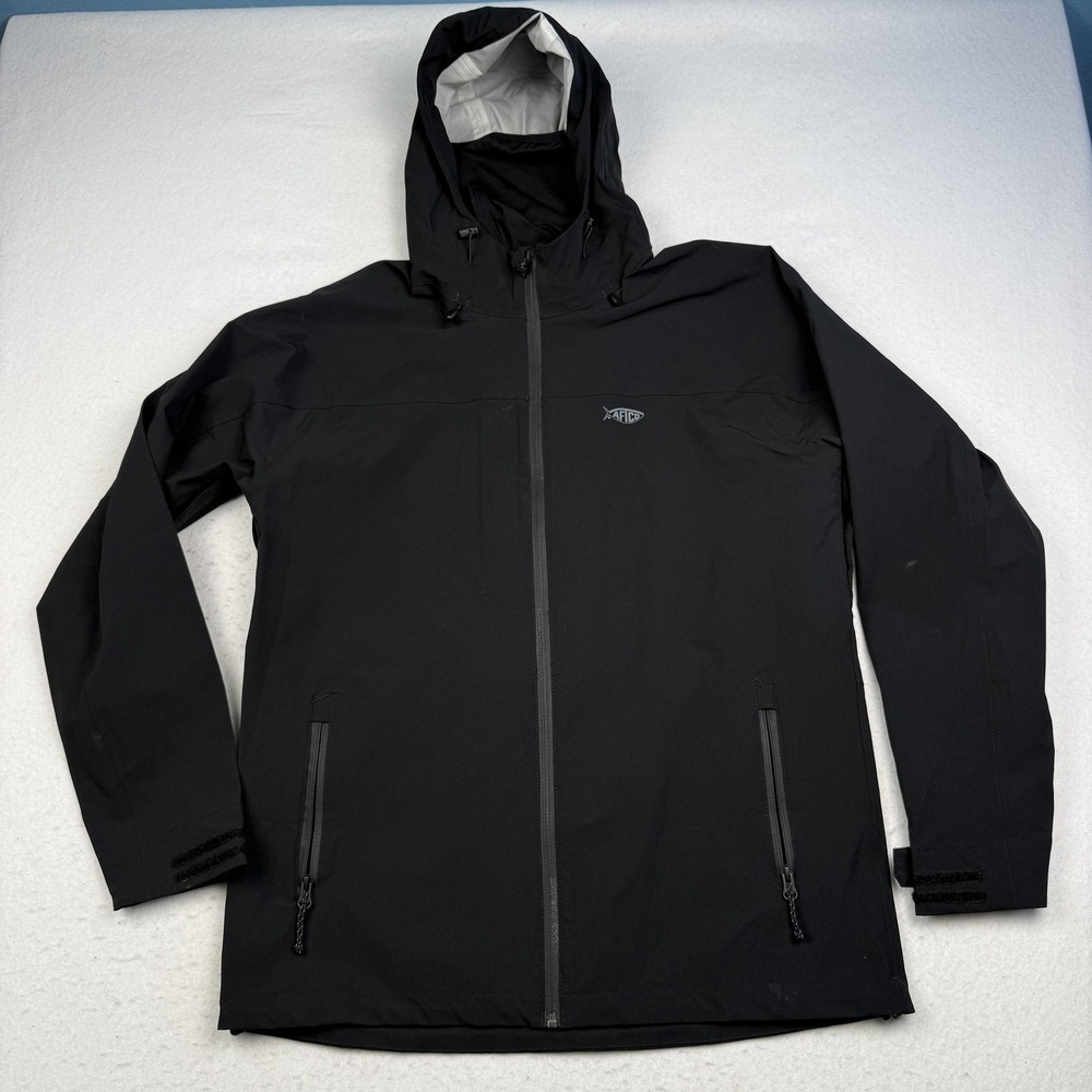 AFTCO Jacket Mens Medium Black Hooded Full Zip Softshell Fishing AFTECH